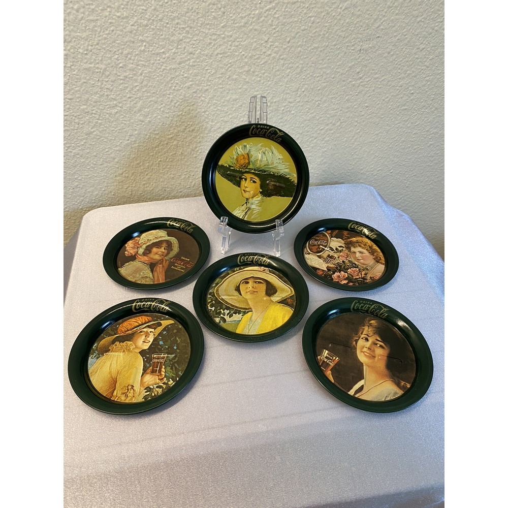 COCA COLA Set 6 Metal Tin Coasters Victorian Calendar Ladies Green 1983 Coke